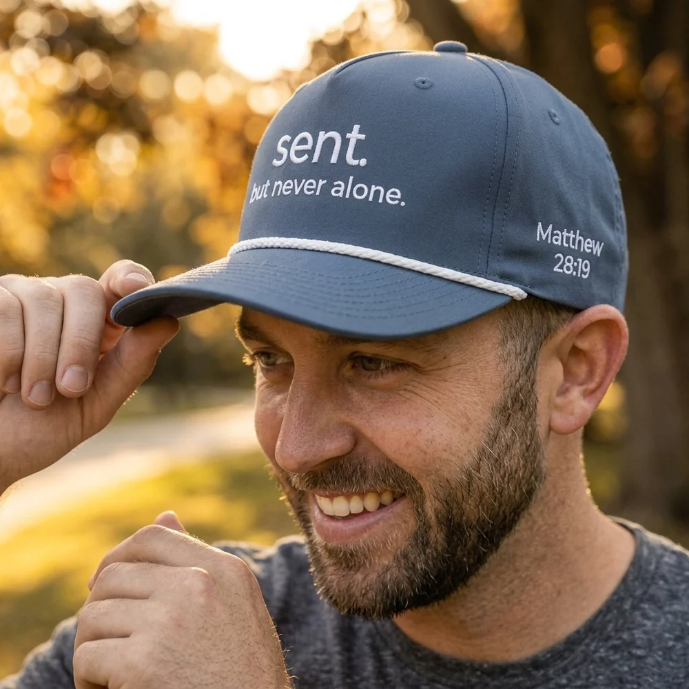 Lifestyle mockup of the navy Sent hat with white embroidery