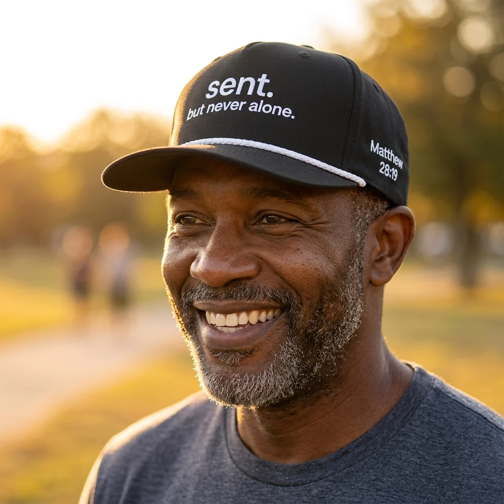 Man outdoors wearing the black Richardson 258 "sent. but never alone." hat