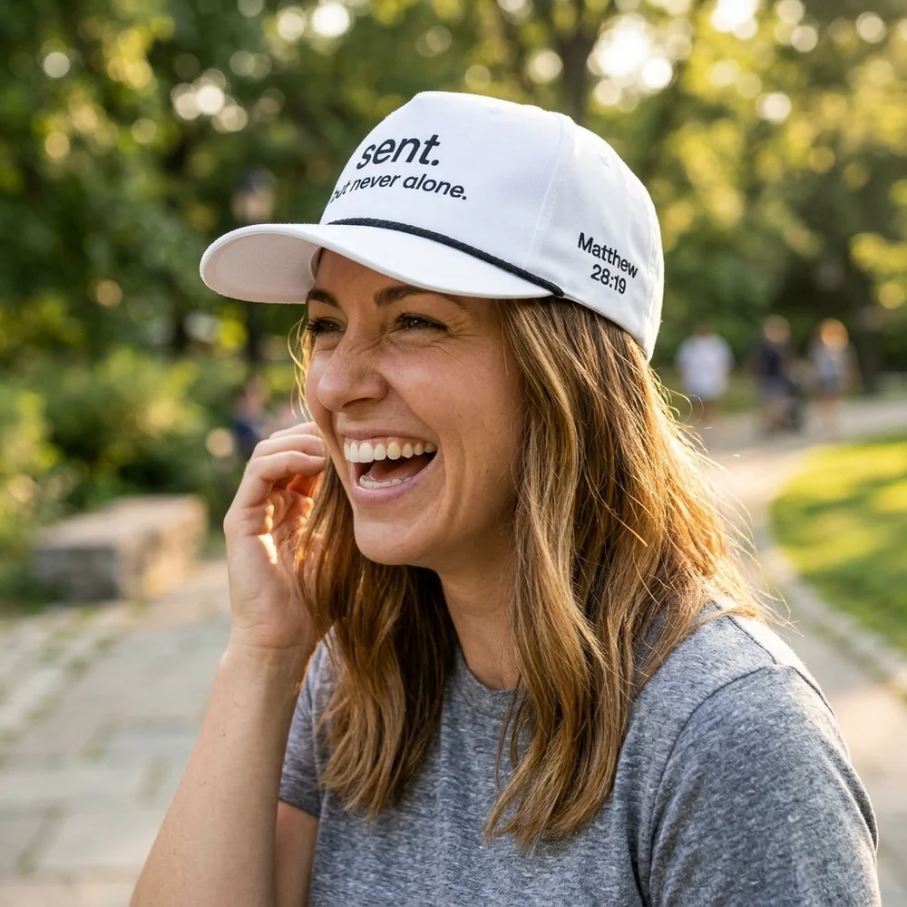 Woman outdoors wearing the white Richardson 258 "sent. but never alone." hat